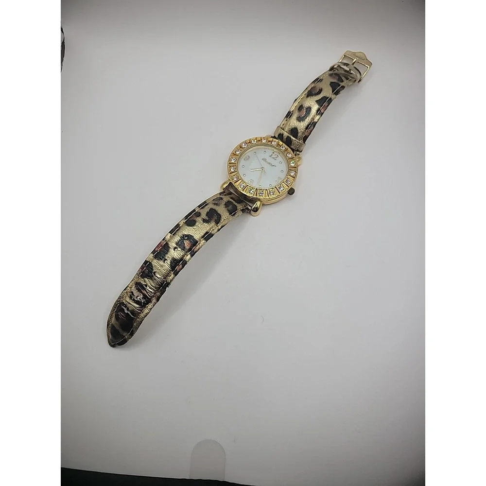 Vintage Bombshell Wristwatch Watch Leopard Print Strap Rhinestones Jewelry